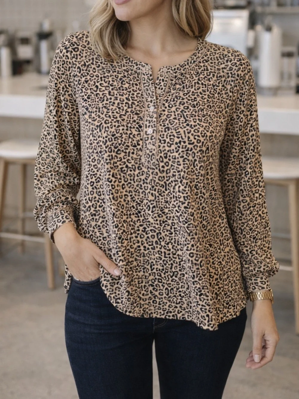 Crown & Ivy Leopard Print Lace Trim Henley Blouse Long Sleeve Size L NWT